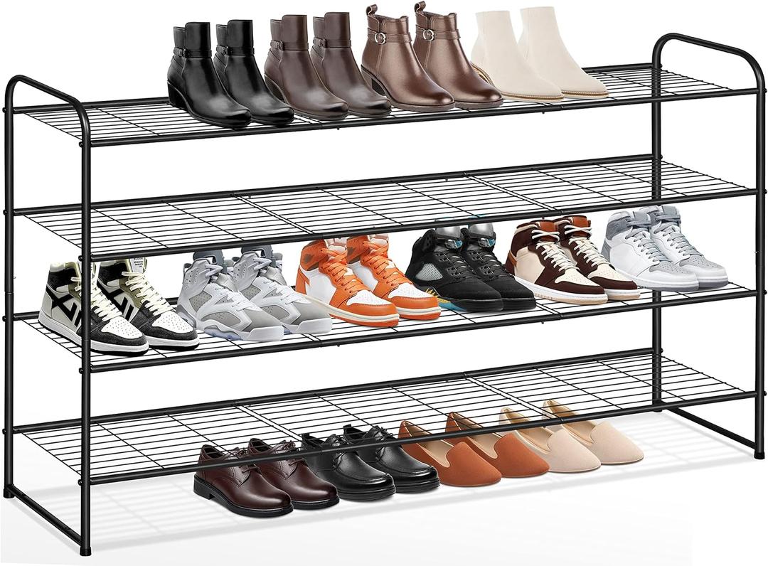 KEETDY 4-Tier Long Shoe Rack for Closet Metal Shoe Organizer for Entryway, Wide Stackable Shoe Storage Shelf with Sturdy Wire Grid for Closet Floor, Bedroom, Black