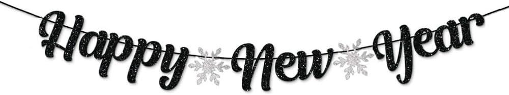 Happy New Year Black Banner for Party Sign, Eve/Christmas/Holiday Decorations Supplies