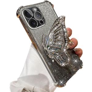 for iPhone 15 Pro Max Case with Butterfly Kickstand,Cute Bling Glitter Rhinestones Phone Case with Camera Lens Protector,Electroplate Flowing Liquid Ring Stand for iPhone 15 Pro Max (Silver)