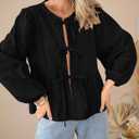 PRETTYGARDEN Women's Spring Fall Babydoll Peplum Blouse Shirt Puff Long Sleeve Bow Tie Front Trendy Cute Y2K Going Out Tops (Black, L)