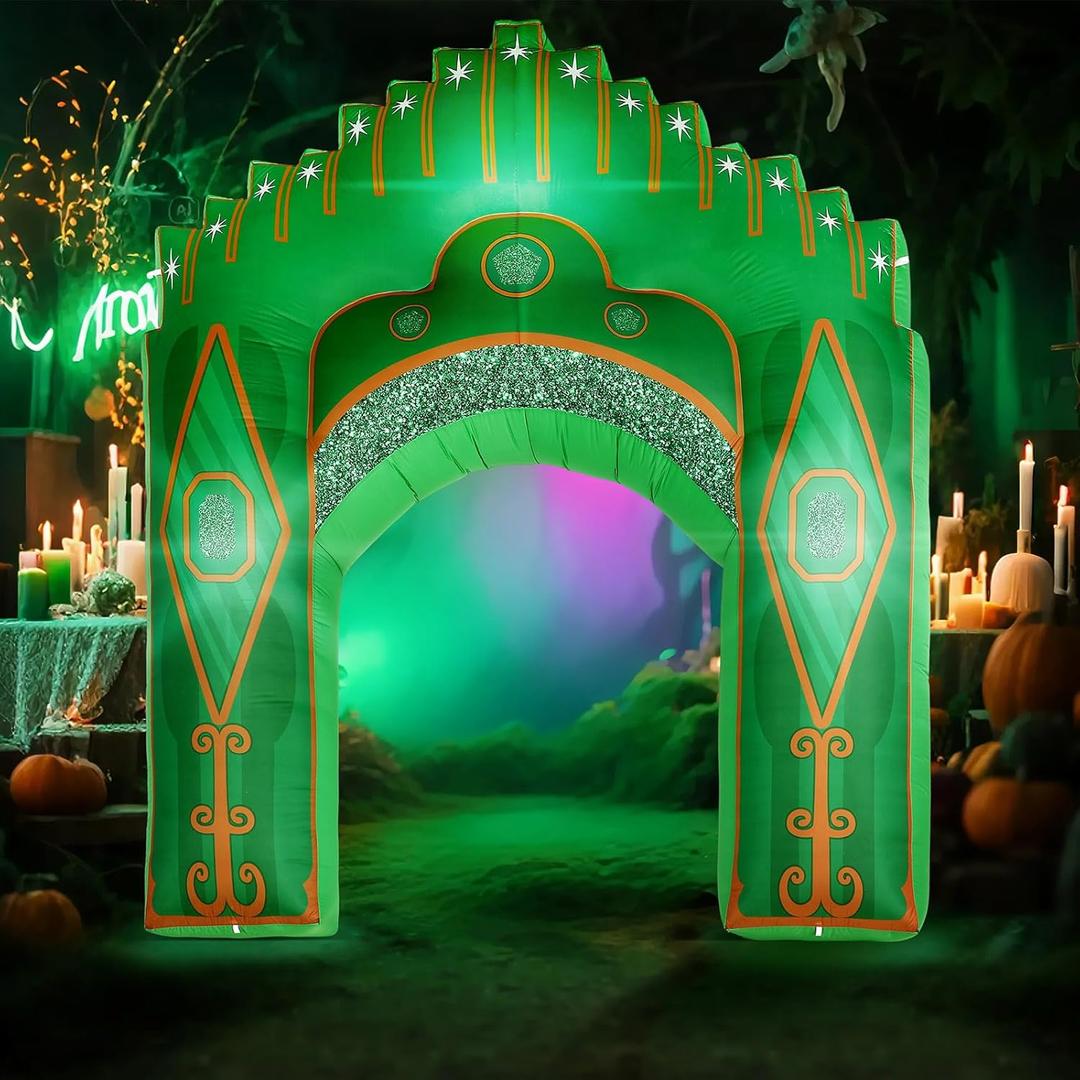 Preboun 10ft Inflatable Green Castle Emerald Green Castle Inflatables Arch Blow up Archway Built in LED Lights for Wizard Birthday St. Patrick's Fairy Tale Party Yard Garden Outdoor Decor