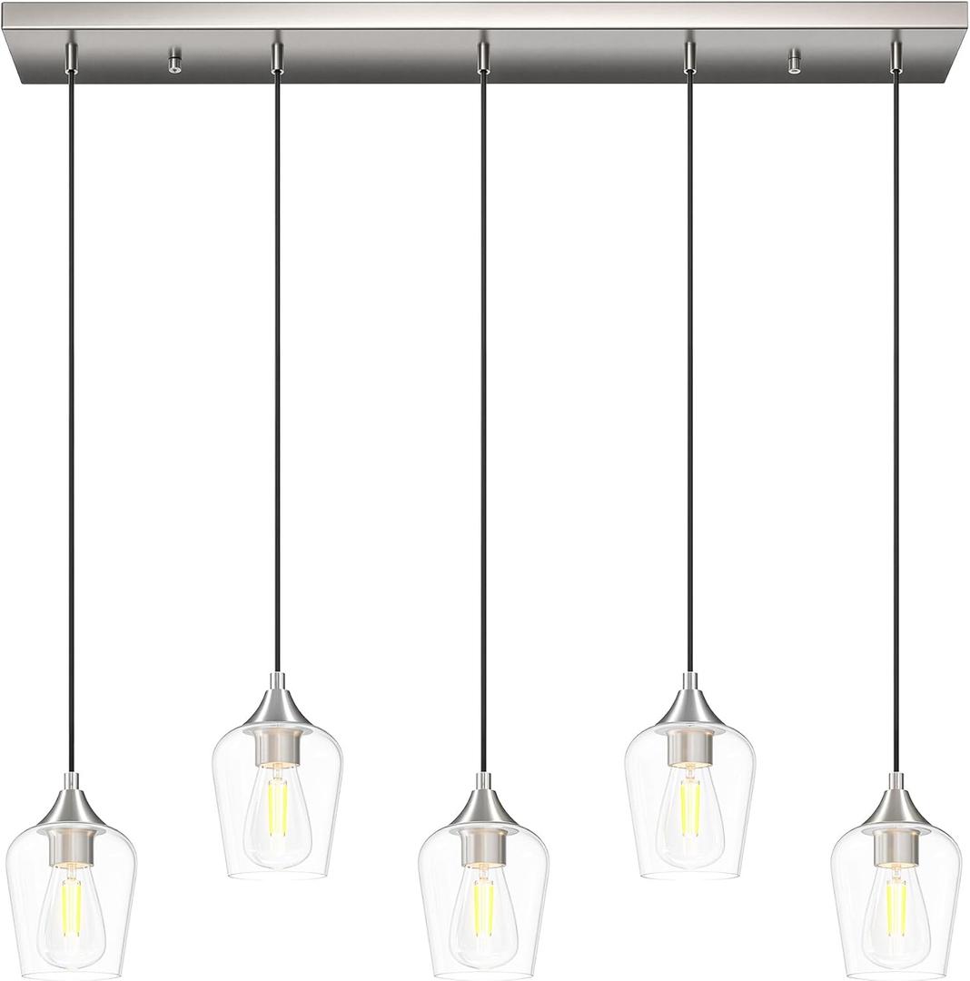 VONLUCE 5-Light Pendant Light Kitchen Island, Pendant Light Fixture with 10"-55" Height, Modern Pendant Lighting with Wine Glass Shades for Living Room Hallway, Brushed Nickel, ETL Certificated