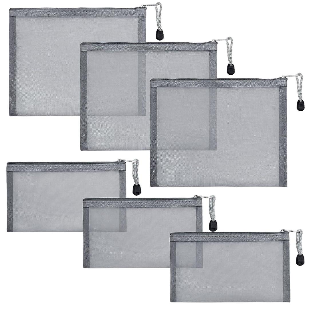 6 Pack Mesh Cosmetic Bags, Nylon Makeup Pouches with Zipper for Home Office Purse Diaper Bag (Grey)