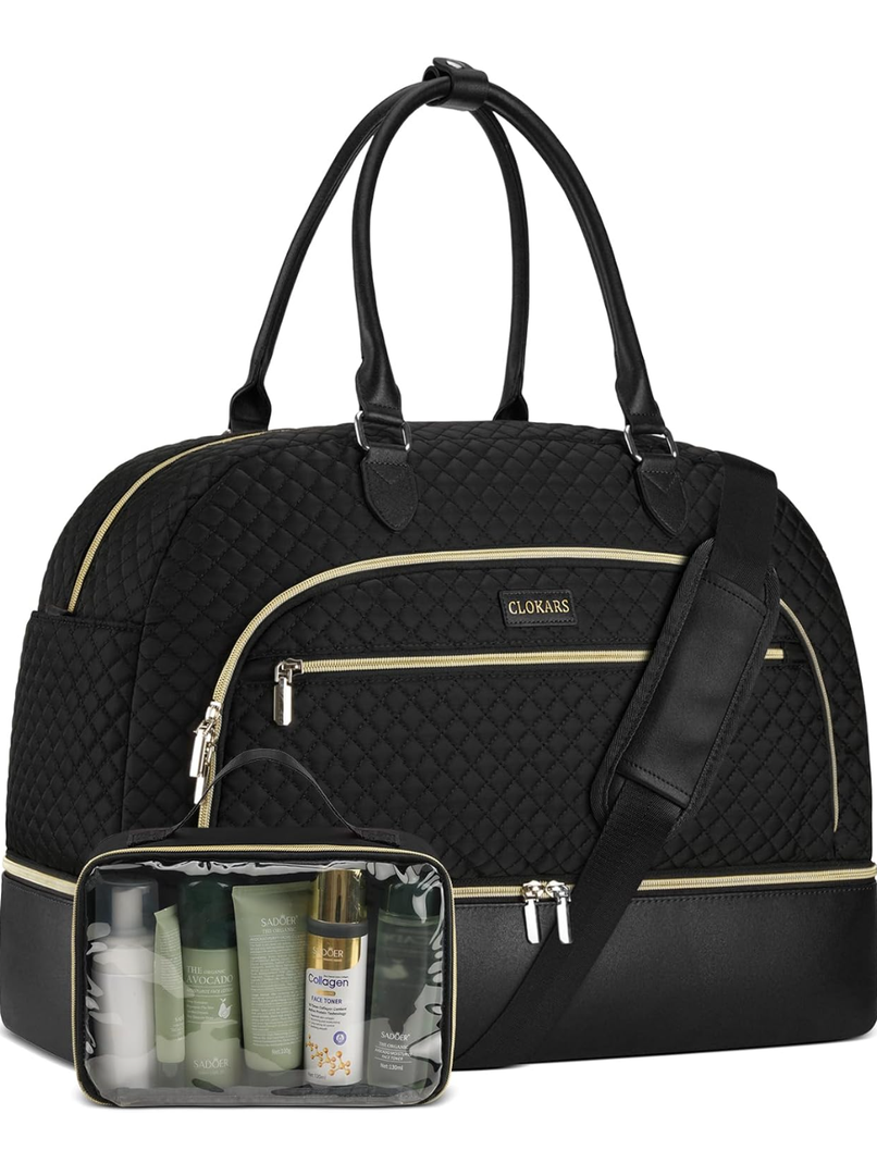 Weekender Bags for Women, Large Travel Duffel Bag Carry on Overnight Bag with Shoe Compartment and Toiletry Bag for Travel Business Gym Hospital, Black