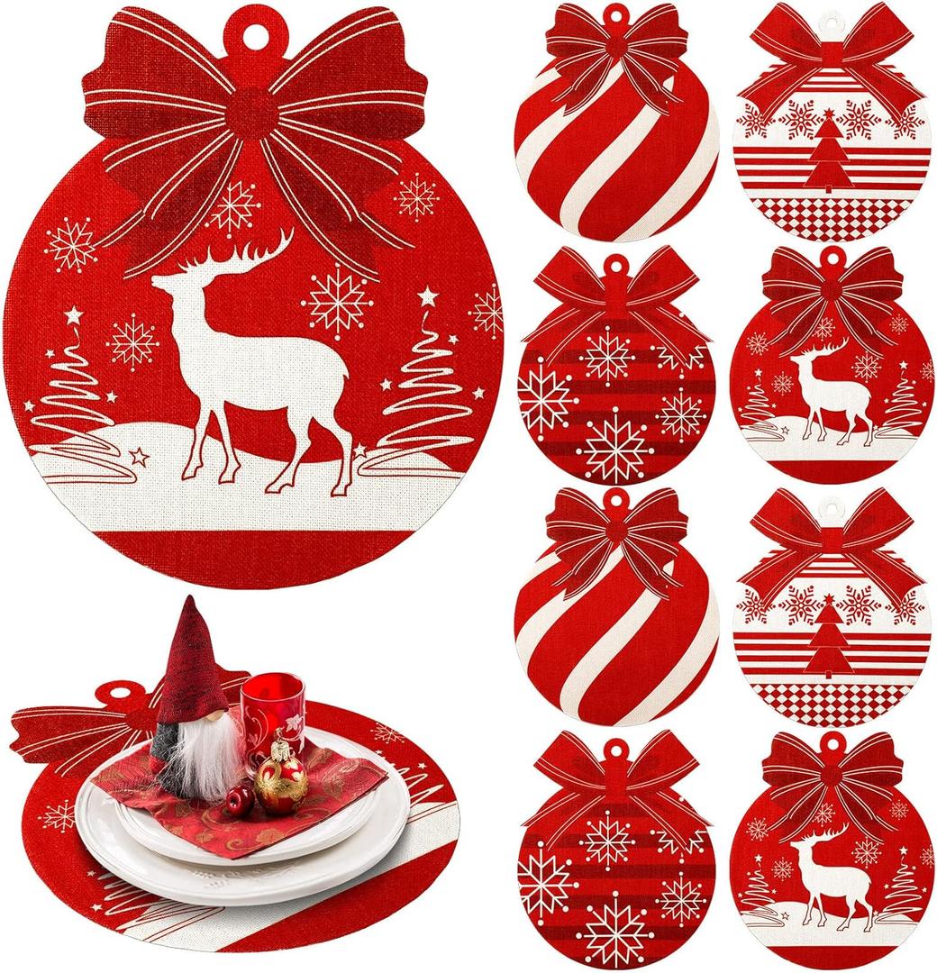 8 Pcs Christmas Placemat Christmas Balls Place Mats Washable Table Merry Xmas Place Mats Non Slip Heat Resistant for Xmas Party Table Home Decoration, 4 Styles(Elk)