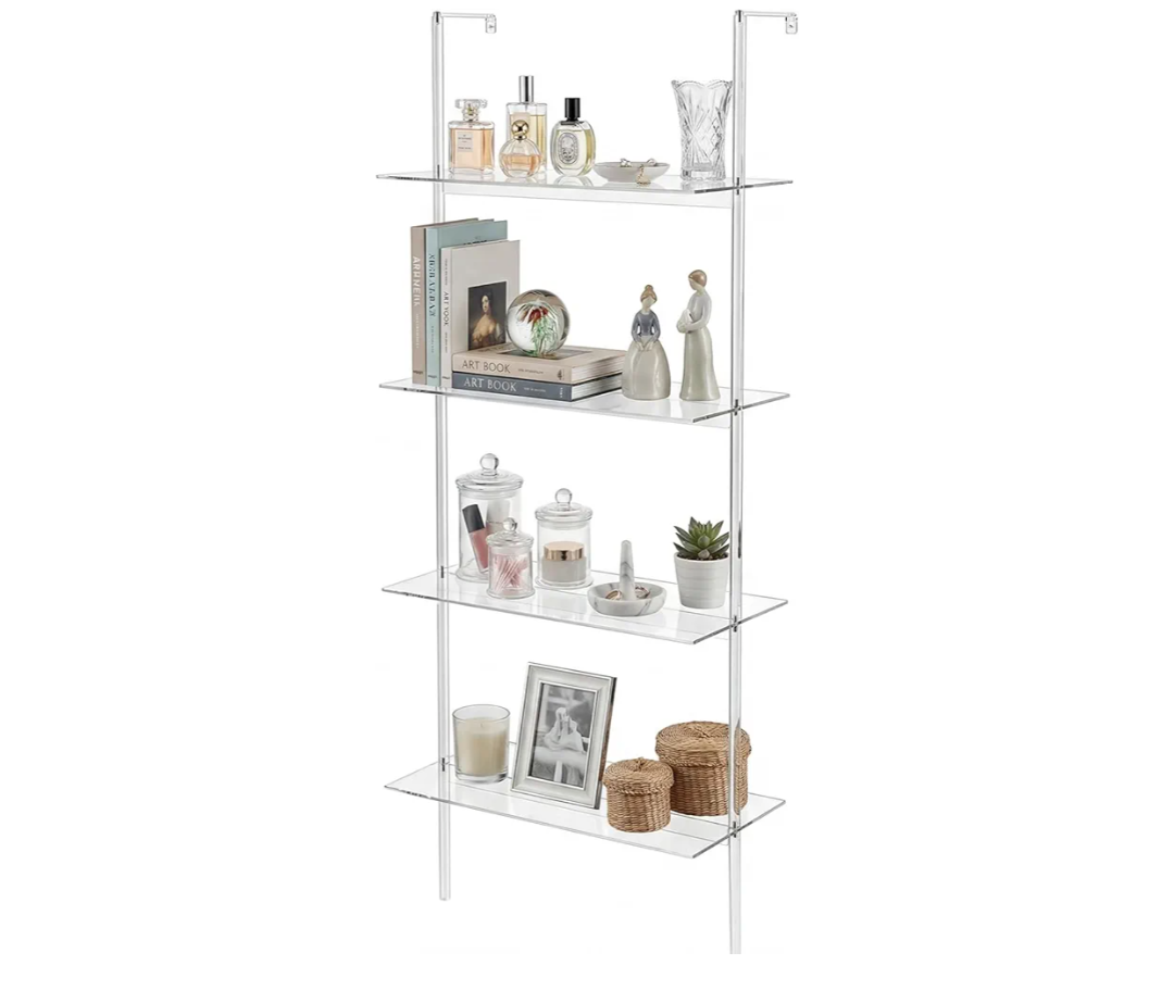 Beeveer Acrylic Ladder Bookshelf Clear Wall Mounted Book Shelf 11.6" D X 23.4" W X 59.4" H, 4 Tier Shelf Sturdy Open Display for Living Room Bathroom Office