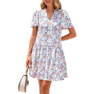 BTFBM Women Spring Dresses 2026 Short Sleeve V Neck Tiered Ruffle Boho Swing Dress A-Line Floral Mini Dresses (M)