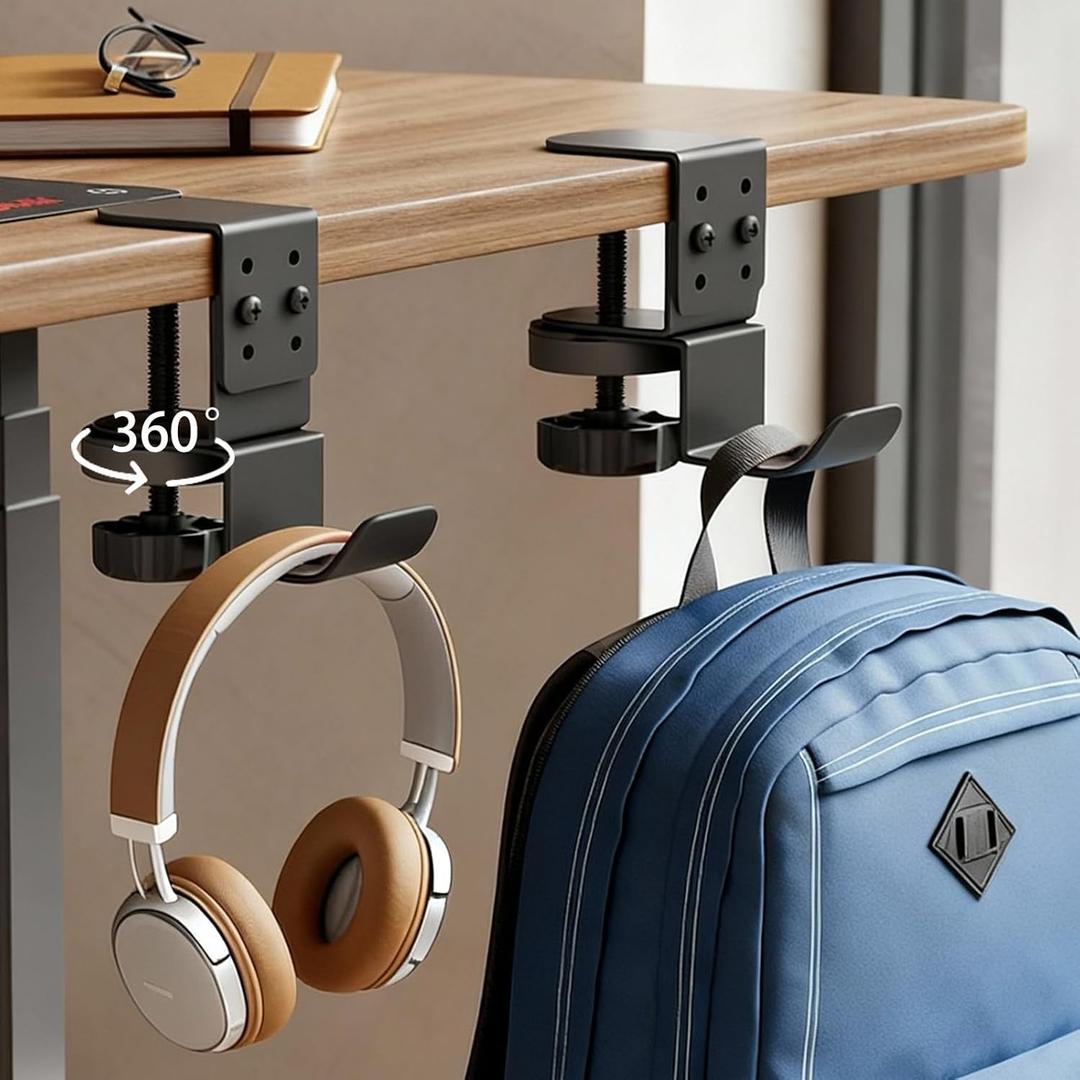 Heavy Duty Desk Hook Clamp(1 PCS), 360 Rotating Backpack Hanger with Height Adjustment, No Drill Headphone Holder, Purse Hook for Table, Bag Hanger, Gifts for Gamers, Office Desk Gaming Accessories
