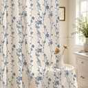 Navy Blue Farmhouse Linen Shower Curtain, Boho Floral Fabric, 72 x 72