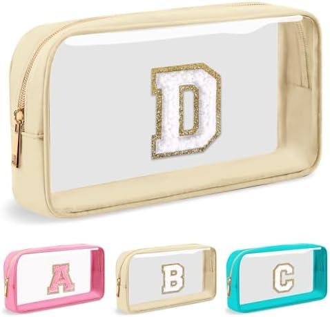 Personalized Initial Letter Clear Makeup Bag,Preppy Small Nylon&PVC Cosmetic Zipper Bag with Chenille Letter,Portable Beach Travel Skincare Toiletry Bag,Trendy Monogram Gift for Teen Girls Women,D