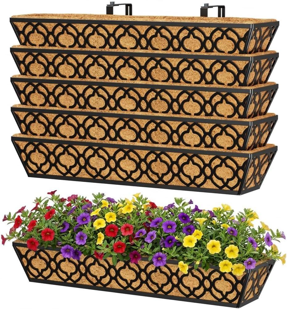 Y&M 6-Pack 30 Inch Railing Planter Boxes 24 Inch 2 Pack, Hanging Balcony Planter, Adjustable Deck Railing Planter Box, Metal Window Boxes Outdoor for Fence, Porch Flower Pots Holder