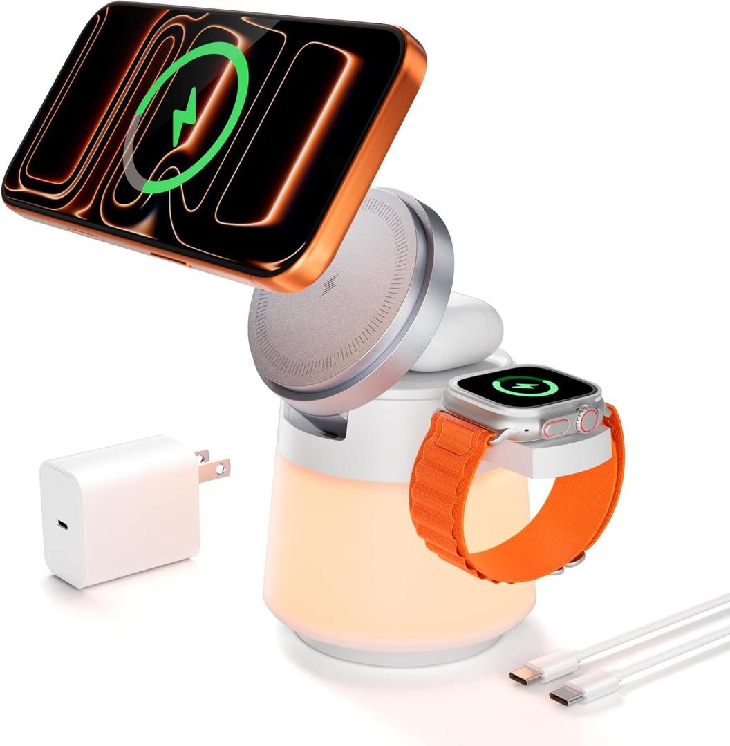 Wireless Charger 3 in 1, Magnetic Wireless Charger Stand with Night Light, 360° Rotation Portable Travel Charging Station Multiple Devices for iPhone 17/16/15/14/13/12, Apple Watch, AirPods Pro 3