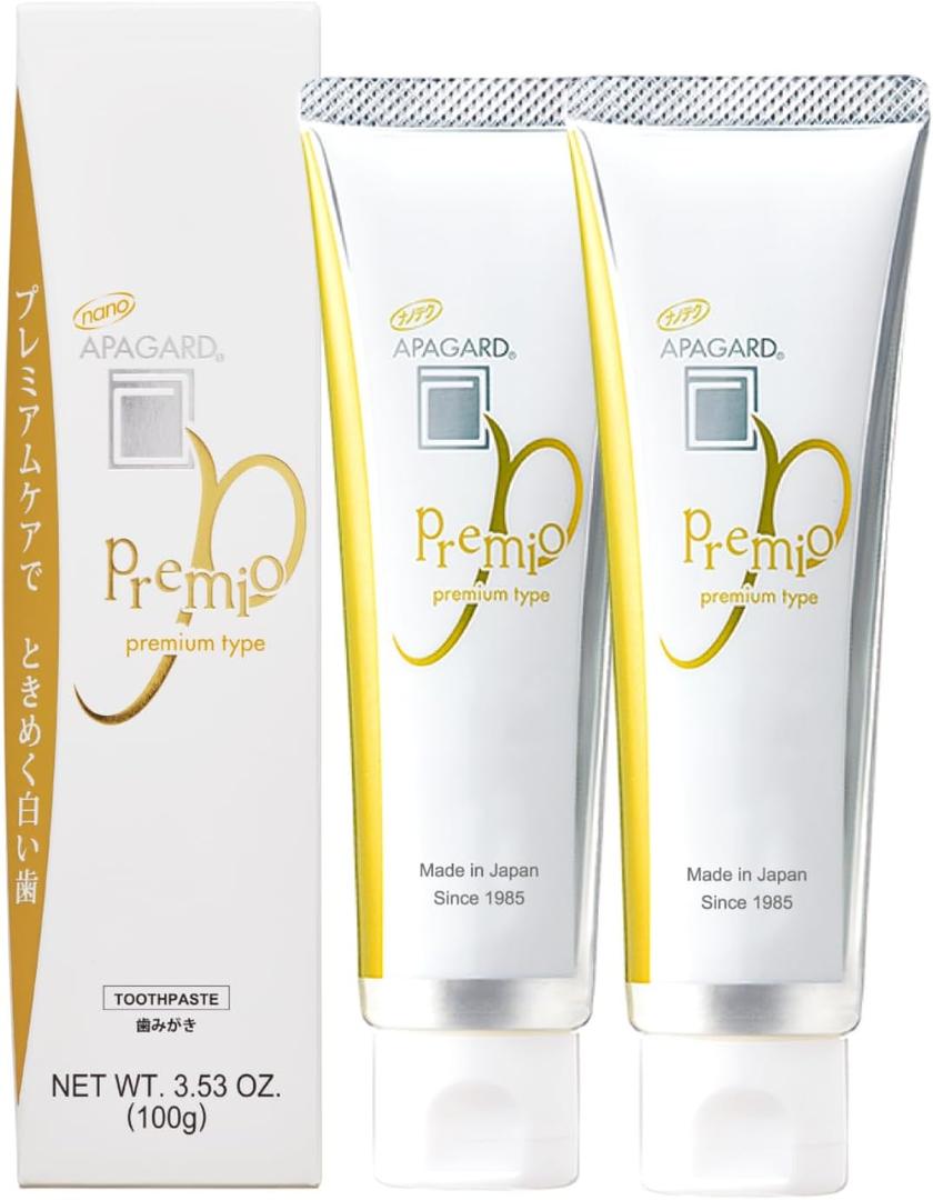 APAGARD Premio, Sangi's Nano-Hydroxyapatite Toothpaste for Naturally Whiter Teeth, No Fluoride, for Family use, 105g / 3.7 oz, Double Mint Flavor, Pack of 2