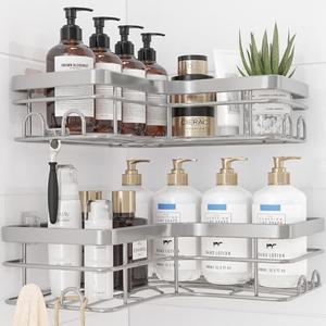 Sakugi Corner Shower Caddy - 2 Pack, Adhesive Shower Organizers, Rustproof Stainless Steel Shower Shelves with 8 Hooks, No Drilling Bathroom Organizers and Storage Racks, Space-Saving, Silver, X-Large