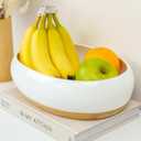 DAILY RITMO White Oval Fruit Bowl | Decorative Candy Dish Bowls for Kitchen Counter | Resin Ceramic-Like Entryway Table Key Holder with Modern Bamboo Wooden Weighted Base