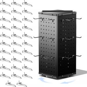 Rotating Peg Board Display Stand with 32 Hooks, Metal Revolving Pegboard Countertop Show Rack for Retail Vendors, 4-Sided Craft Rack Organizer for Keychain, Jewelry, Earring (Black)