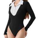 MakeMeChic Women's 2 in 1 Colorblock Collared Long Sleeve Button Front Knitted Leotard Bodysuit Tops Black Small
