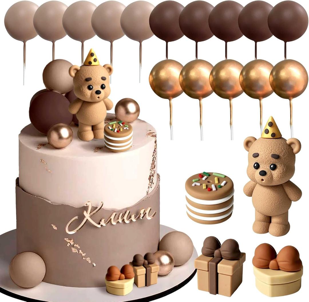 19PCS Brown Bear Cake Decoration Baby Bear Baby Shower Cake Topper Brown Balls Cake Topper Baby Shower Birthday Cake Decoration