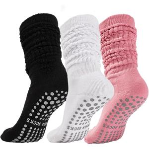 Pilates Socks with Grips for Women, Yoga Slouch Socks, Non Silp Scrunch Slipper Long Sock for Hospital Barre Workout