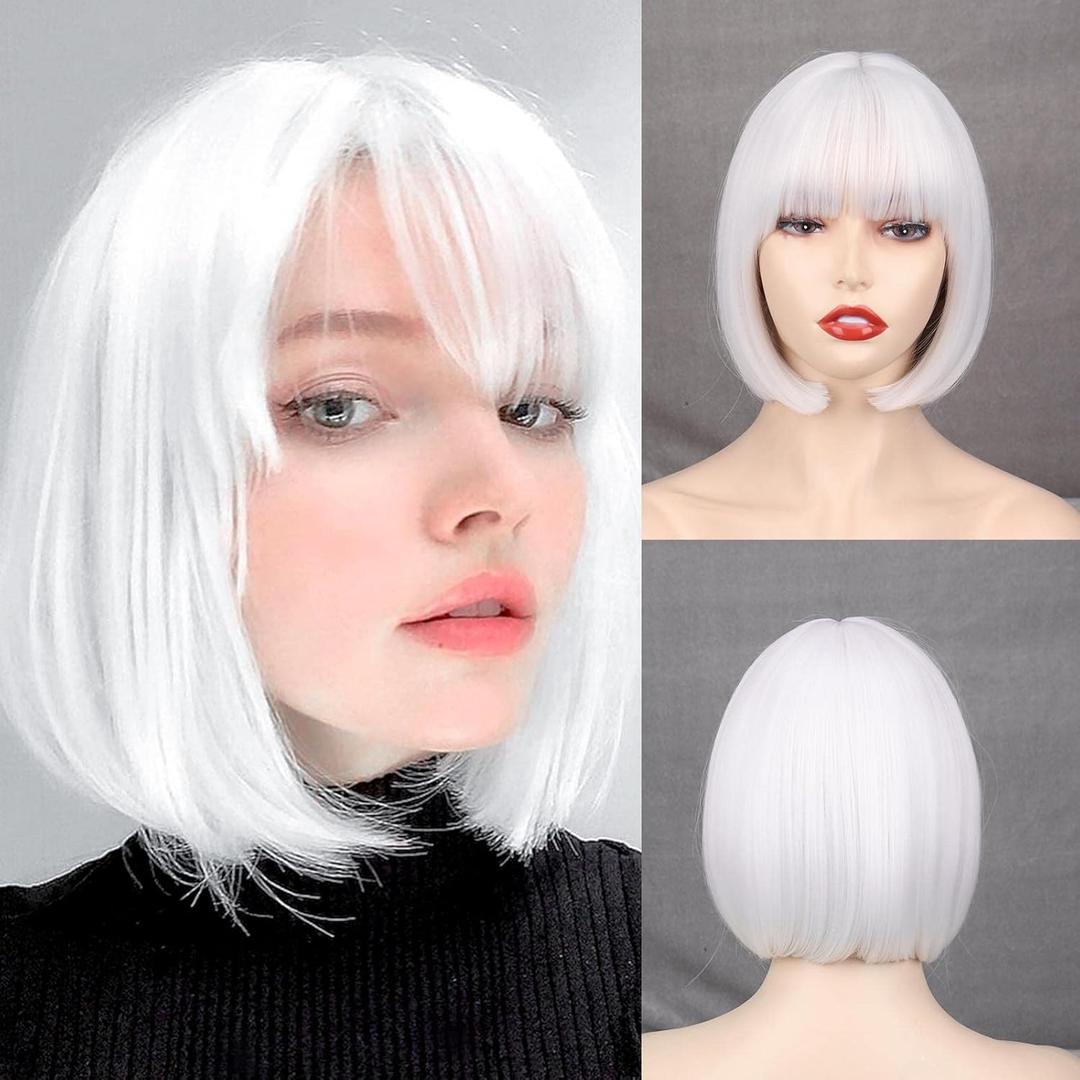 WERD Short White Bob Wig Bangs Straight White Wig for Women Natural Synthetic Short Wig Bangs for Daily Party Cosplay Halloween