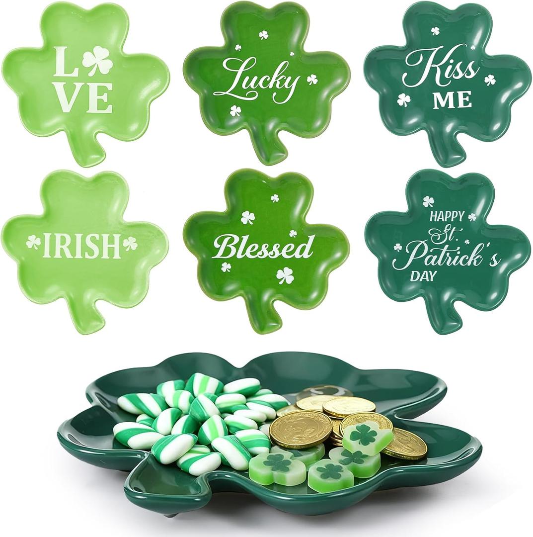 6 Pcs St. Patrick's Day Plates 5.91 Inch Shamrock Dishes Irish Shamrock Candy Treat Cookie Goodie Plates Ceramic Snack Dishes for Irish Party Festive Celebrations