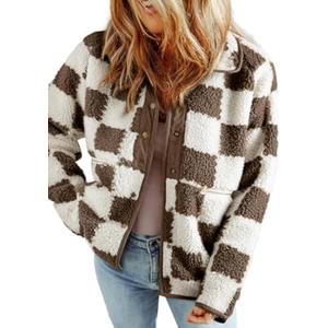 SHEWIN Jackets For Women Causal Sherpa Fall Jacket Loose Button Down Plaid Winter Coats M