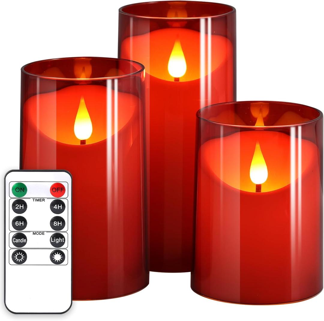 NURADA Flameless Candles with Remote Timer: 3D Wick Battery Operated Led Pillar Fake Candle Set for Wedding Birthday Valentine's Day Christmas Decorations - Red 3 Pack (4" x 5" x 6")