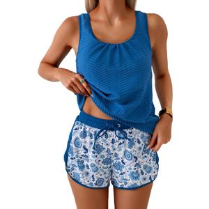 Aidonger Women's Tankini Swimsuit Modest Two Piece Bathing Suit Tummy Control Athletic Blouson Tank Top with Short Bottoms (X-Large, Dark Blue Leaf)