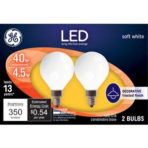 GE LED Light Bulbs, 40 Watt, Soft White, G16 Globe Bulbs, Small Base 2 Count (Pack of 1) (Frosted)