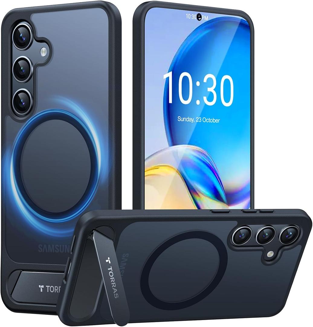 TORRAS Strong Magnetic & Seamless Stand for Samsung Galaxy S24 Case for MagSafe, 12FT Mil-Grade Drop Protection, Adjustable Kickstand for Samsung Galaxy S24 Case with Stand, Slim Frosted Matte Black