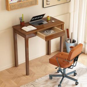 100% Solid Wood Desk with Drawers 32 x 16 Inch Mid Century Modern Narrow Desk Vintage Small Writing Wooden Desks for Small Spaces Bedroom, Living Room, Office, 31.5" x 15.7"