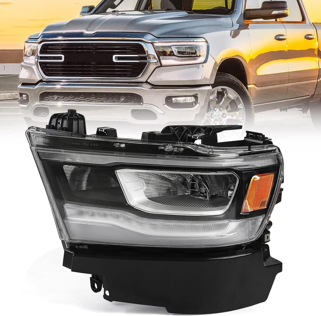 FIONE LED Headlight Assembly Compatible with Dodge Ram 1500 2019-2022 Replacement Headlamp with Silver Frame Driver Left Side LH 68533273AB CH2502332