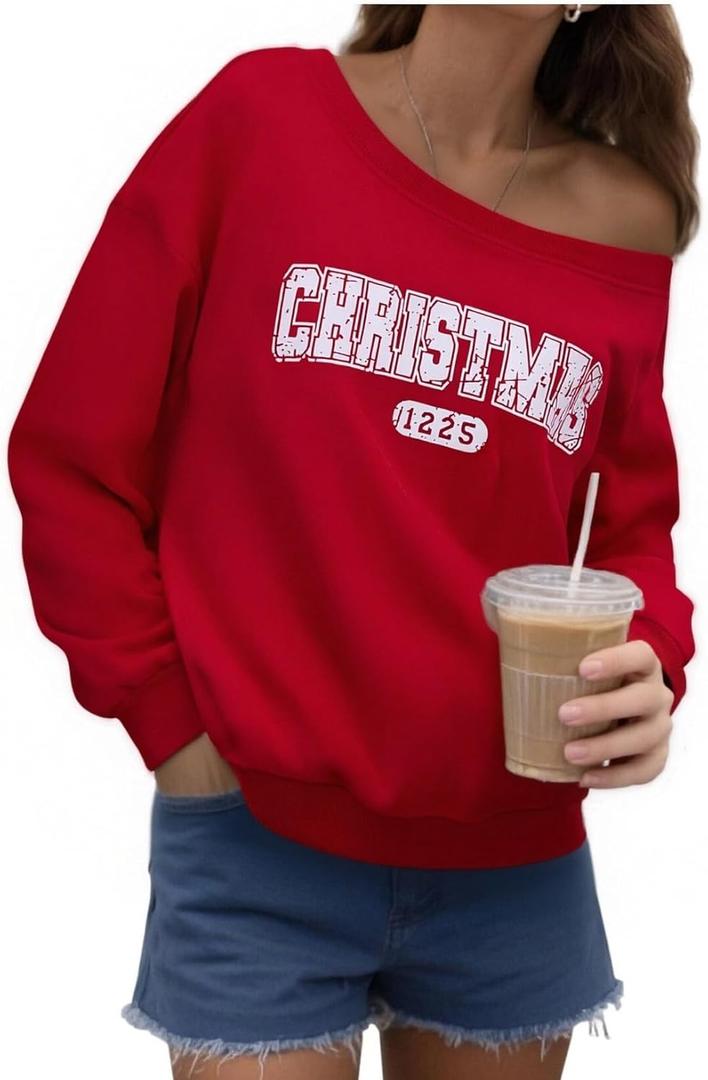 UNIQUEONE Christmas Sweatshirts for Women off Shoulder: Merry Crewneck Sweater Xmas Long Sleeve Pullover Top (Medium, Red)