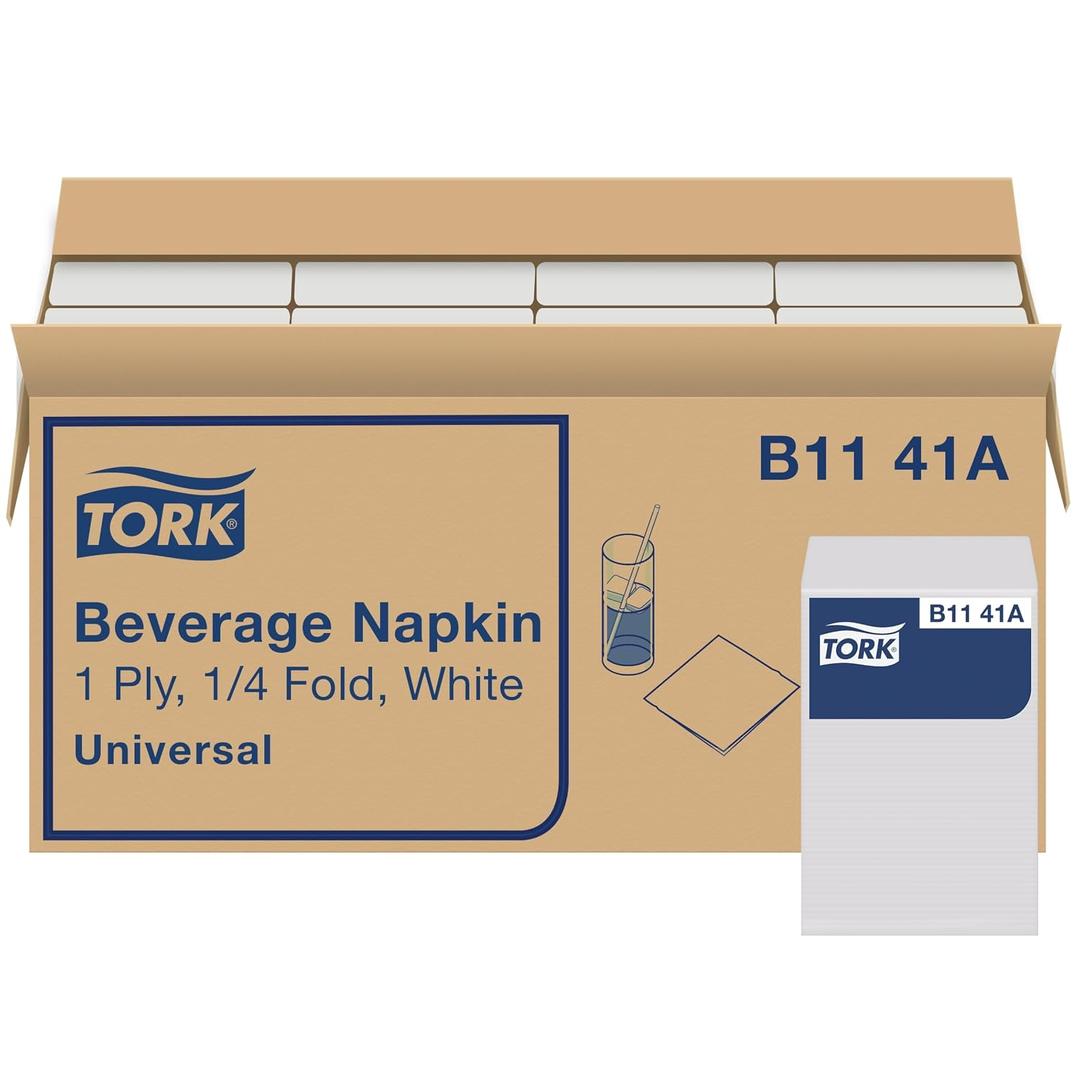 Tork White Beverage Napkin, 1/4 Fold 1-ply, 9.4" x 9.4", 8 x 500 napkins, B1141A