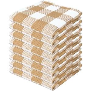 PurpleEssences Waffle Weave Plaid Dish Cloths, 100% Cotton, 28x14 Inch, Soft Absorbent Quick Drying Buffalo Check Dish Rags for Kitchen, 8 Pack, Christmas Holiday Winter - Beige & White 4Pcs