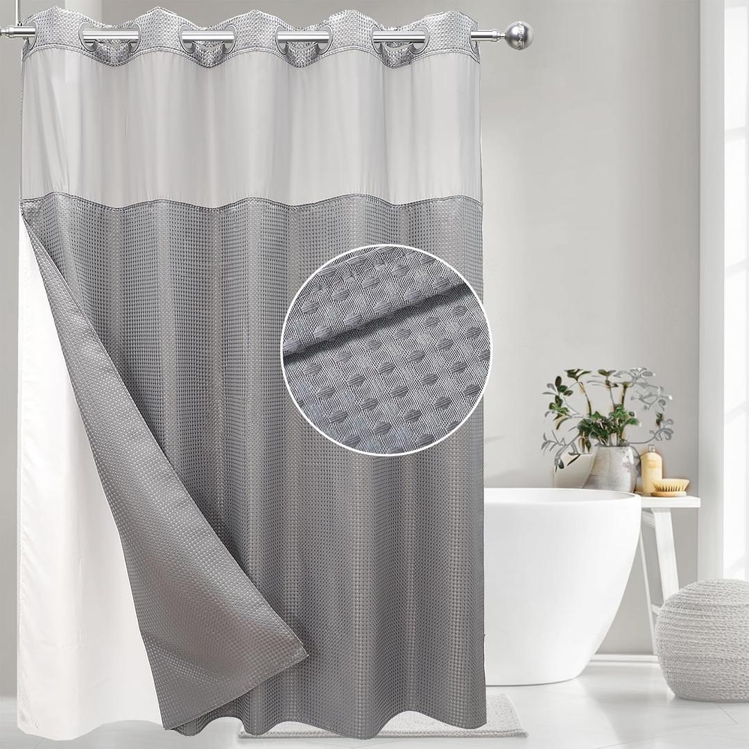VIUOON No Hook Waffle Weave Shower Curtain with Snap-in Fabric Liner Set, Hotel Style with See Through Top Window, 230GSM Heavy Duty Fabric, Waterproof & Washable for Bathroom, 71W x 74H, Gray (Honey Comb Gray)