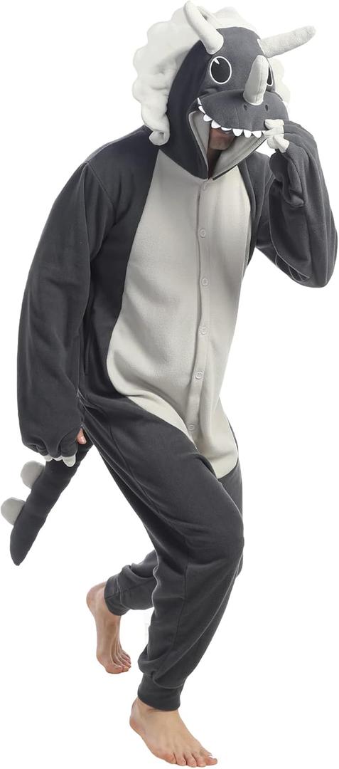 dressfan Animal Triceratops Dragon Onesie Costume Dinosaur Christmas Halloween Cosplay Costume Pajamas Unisex Adults Teens (Medium, Grey)