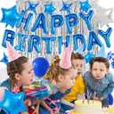 Silver Blue Birthday Party Decorations, Blue Happy Birthday Banner, Silver Fringe Curtain, Blue Silver Star Foil Balloons, Blue White Blue Confetti Balloons, for Boys Men Birthday Party Supplies