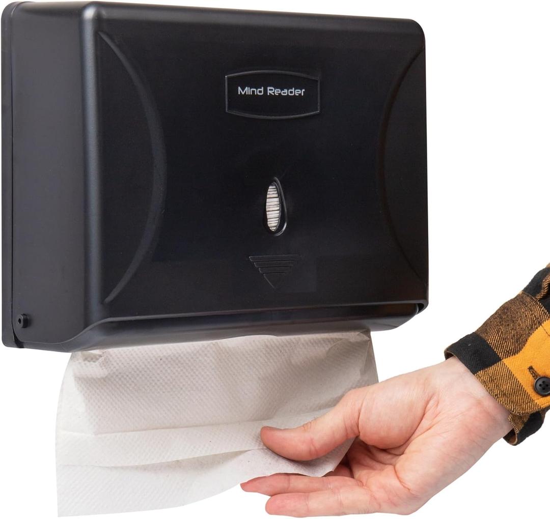 Mind Reader Paper Towel Dispenser, Tri-Fold Towel Holder, Restroom, Wall Mount, Bathroom, 10.25"L x 3.75"W x 8"H, Black (1-Piece)