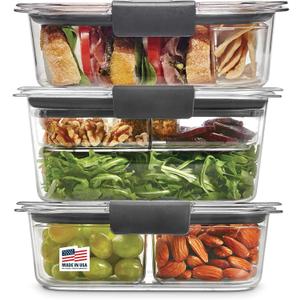 Rubbermaid Brilliance BPA-Free 3 Set Food Storage Containers with Lids, Removable Trays, Airtight, Leak-Proof, Ideal for Meal Prep, Lunch, and Leftovers