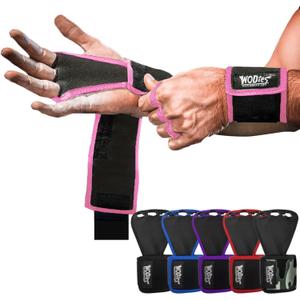 JerkFit WODies 3 Hole Gymnastics Grips with Wrist Support - Hand Grips, Latex Free Elastic Crossfit Grips for Weightlifting, Cross Training - Palm Protection Pull Up Grips for Men and Women (Pink, M)