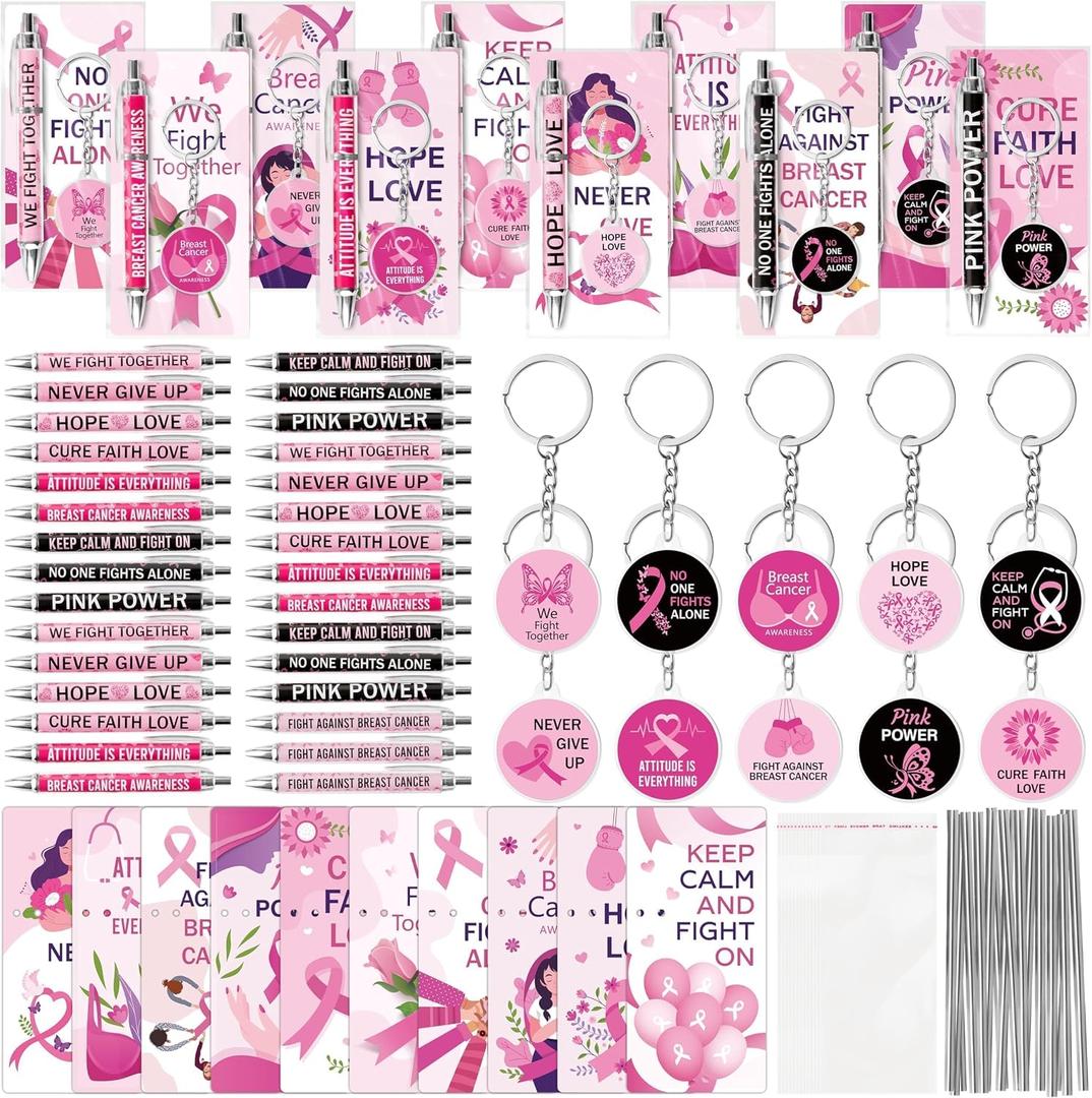 Breast Cancer Awareness Accessories - 230Pcs Breast Health Cancer Awareness Month Supplies Pink Ribbon Bookmarks Pens Keychains Public Events Charity Gifts for Women Girl Survivor Volunteer