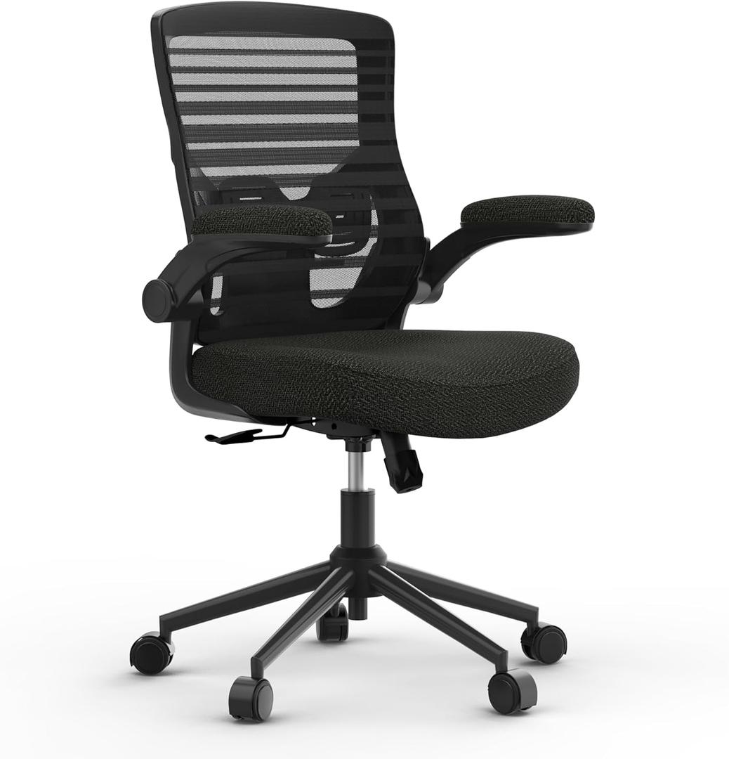 Ergonomic Office Chair for Long Hours & Lower Back Pain Relief – Memory Foam Seat Cushion, Adjustable Padded Lumbar Support, and Padded Flip-up Armrests, Ideal for Office or Study, Black