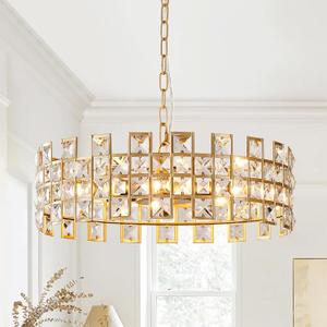 Modern Crystal Chandelier 8-Light Gold Semi Flush Mount Ceiling Light Fixture 18" Round Crystal Pendant Light for Dining Room Entryway Hallway Kitchen Island
