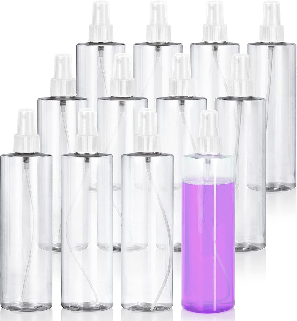 JUVITUS 12 oz Clear Professional Cylinder Plastic Bottles with White Fine Mist Sprayer (12 Pack)