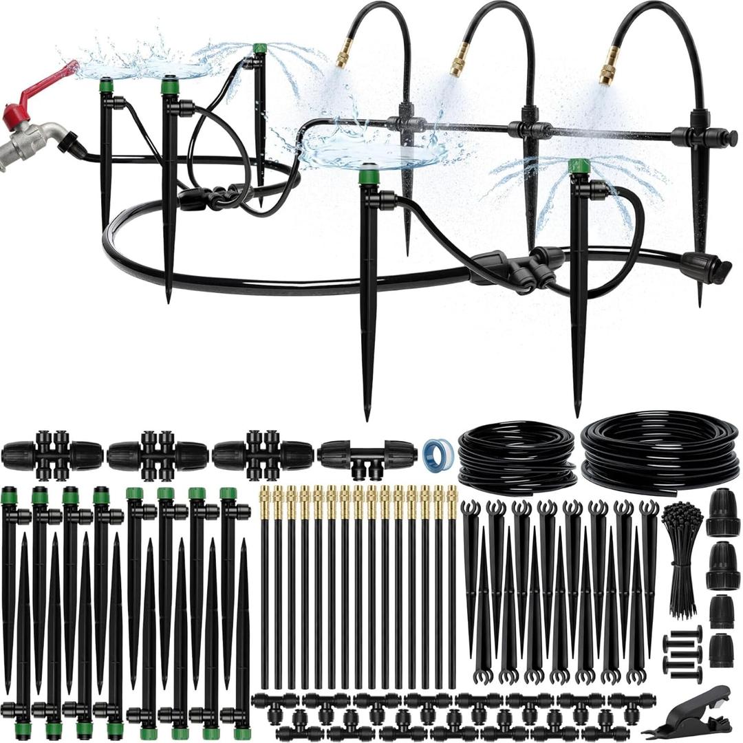 CARPATHEN 100FT Drip Irrigation System - Complete Garden Watering System w 15pcs 360 Atomizing Nozzles, 16 Adjustable Drip Emitters 5/16 and 1/4 Tubing- Constant Pressure Watering Spray System