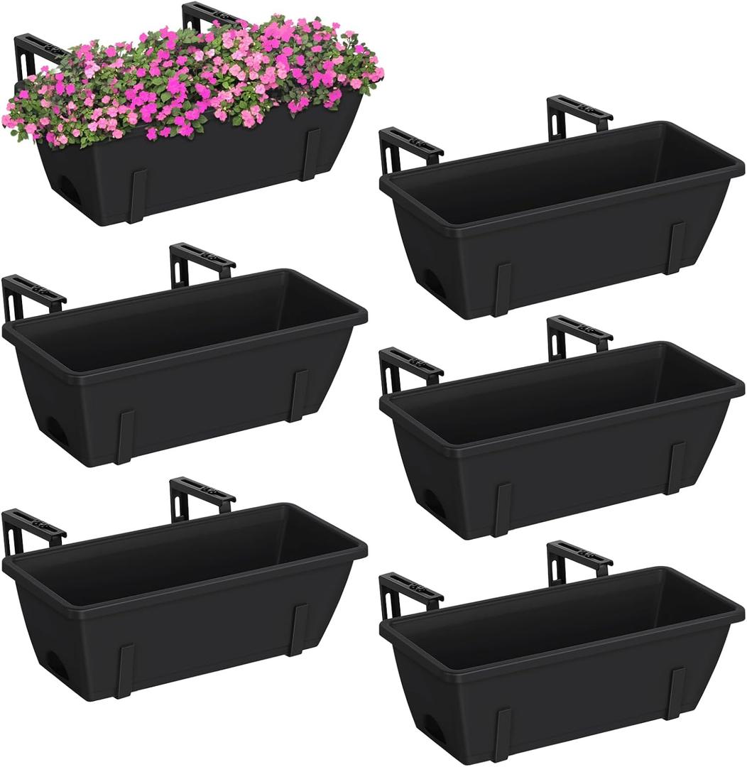 YBING Railing Planter Boxes 6 PCS Black Rectangle Railing Flower Box with Adjustable Bracket Window Deck Hanging Planters Boxes for Outdoor Patio (6 Pack)