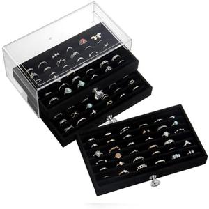 SPAKOWN Ring Box Display Holder, Clear Velvet Jewelry Storage Tray Organizer for Ring Stud Earring (Black - 3 Drawers)