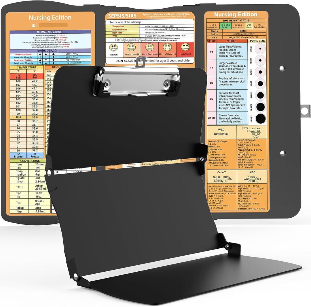 Clipboards Nursing Clipboard Trifold Foldable, 3 Layers Aluminum Nurse Clipboards with Nursing Edition Cheat Sheets Folding Pocket Size for Students, Nurses and Doctors (Black)