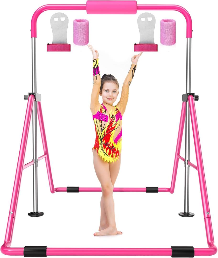 Safly Fun Gymnastics Bar for Kids 3-9, Foldable & Adjustable 35"-51", Supports 140Lbs with Pad, Easy to Assemble, Gymnastics Equipment for Indoor/Outdoor Training (Pink with Grips)